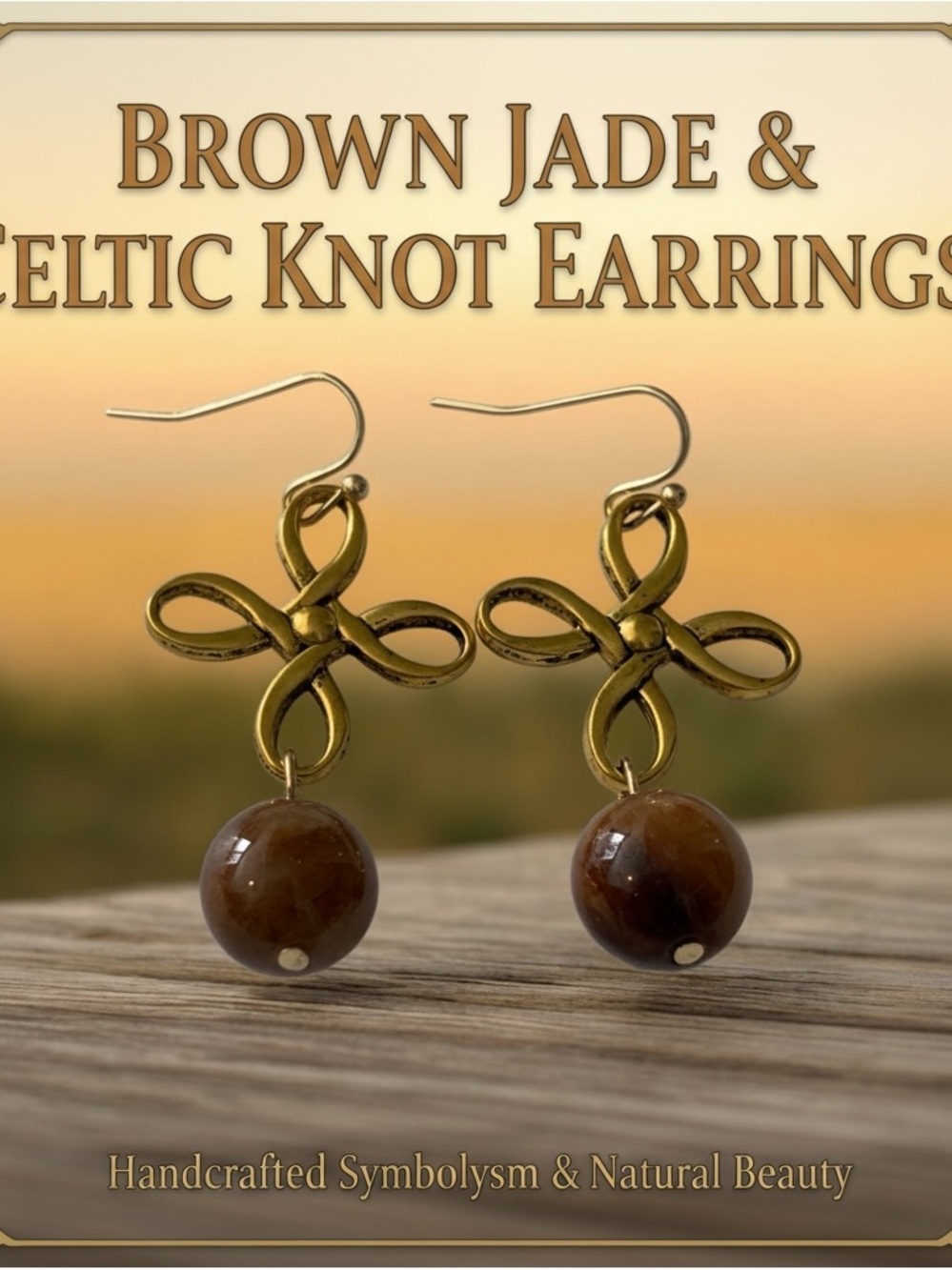 Elegant Brown Jade and Gold Celtic Style Earrings